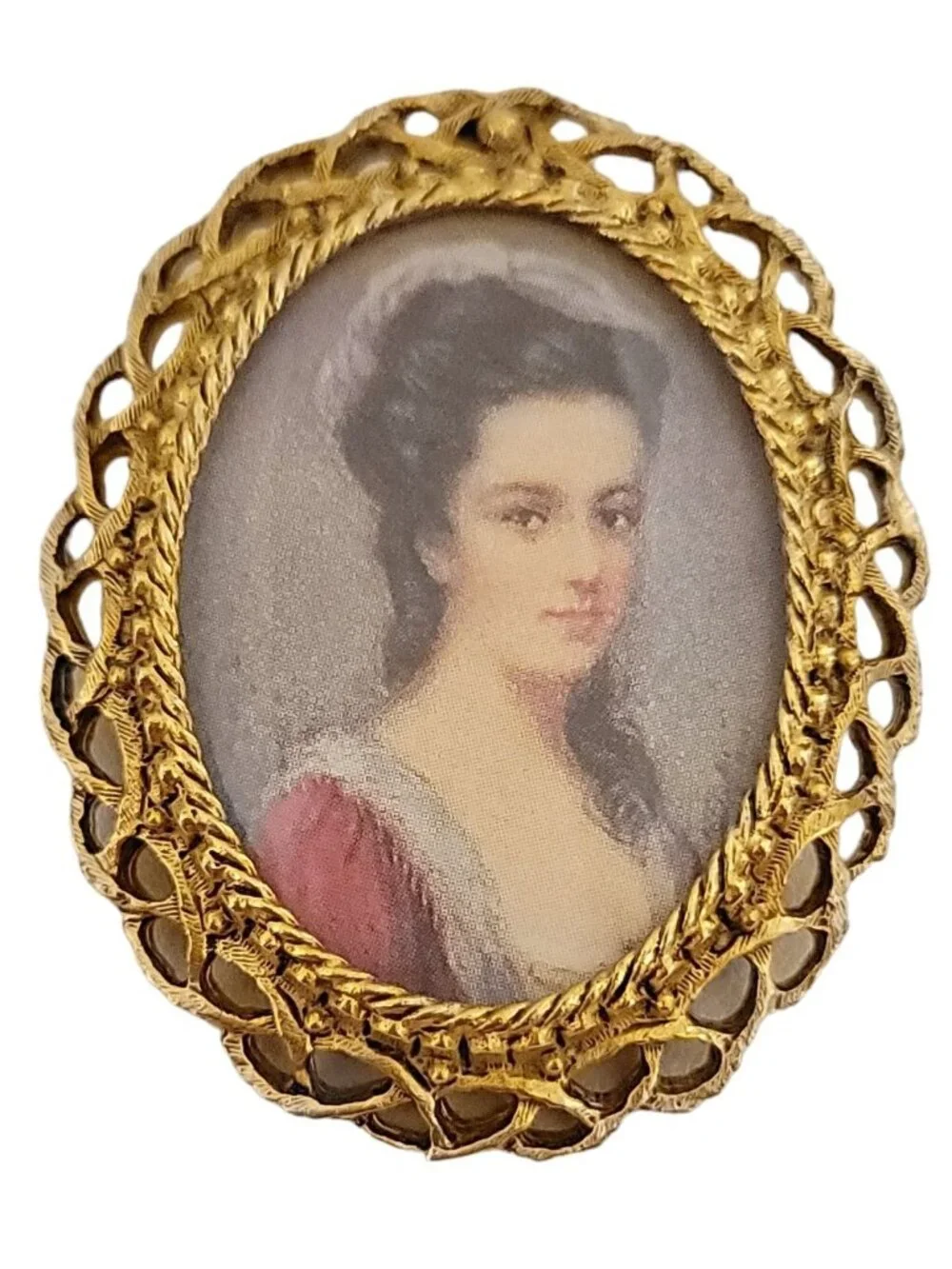 Florenza Gold Tone Cameo Print Lady's Portrait Brooch Pendant, Signed K565